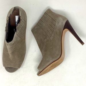 Halogen Peep Toe Slip on Suede Heeled Bootie Taupe Size 6.5M Gray | Tan Leather